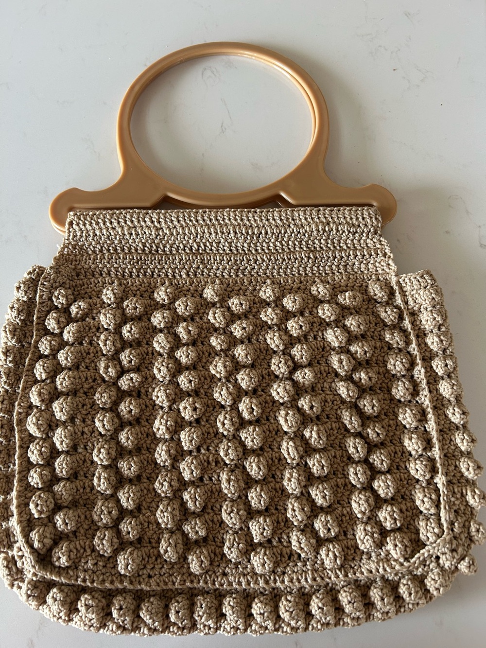 Handcrafted Bobble Crochet Tote Bag with Round Handles - Beige